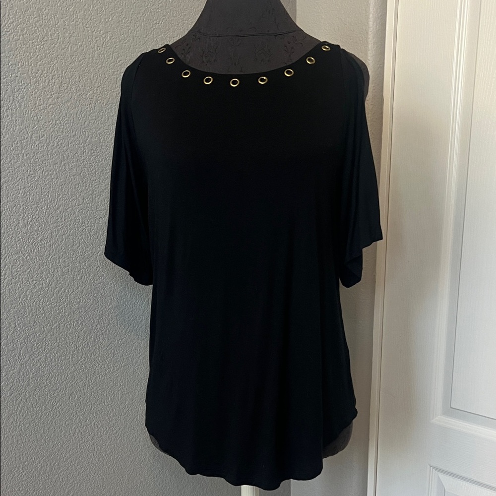 Black Grommet Neckline Detail Cold Shoulder Viscose Top